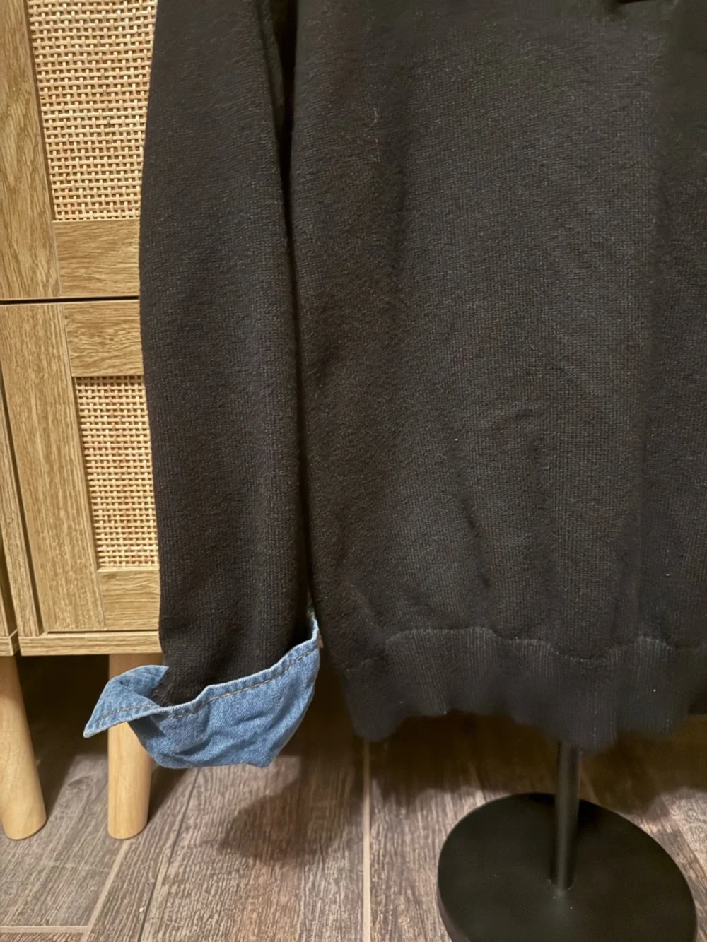 Black Crewneck Sweater with Blue Denim Collar - Picture 3 of 4